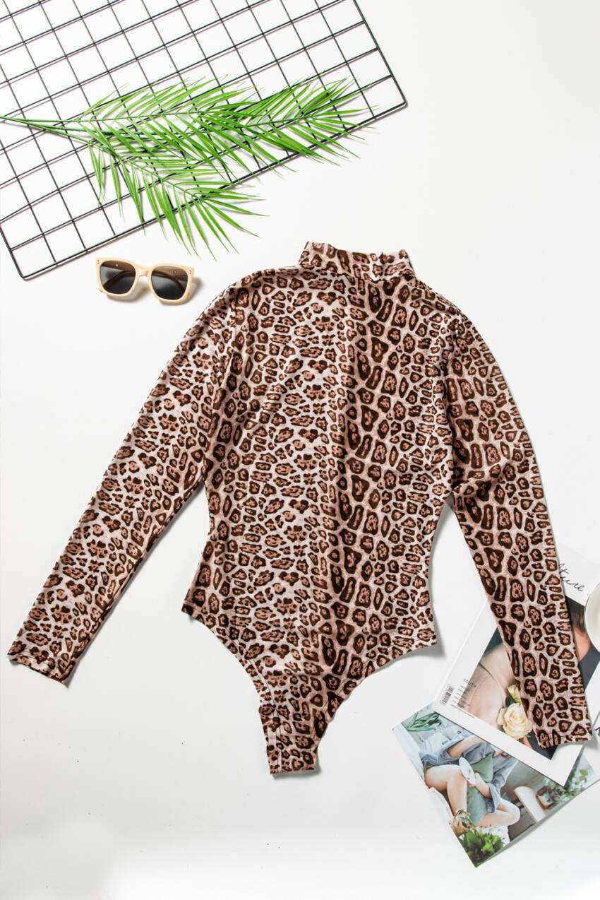 Leopard Print Sheer Mesh Long Sleeves Bodysuit - Image 5