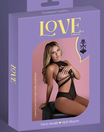 Love Mesh Cupless & Crotchless Halter Teddy with Split Back